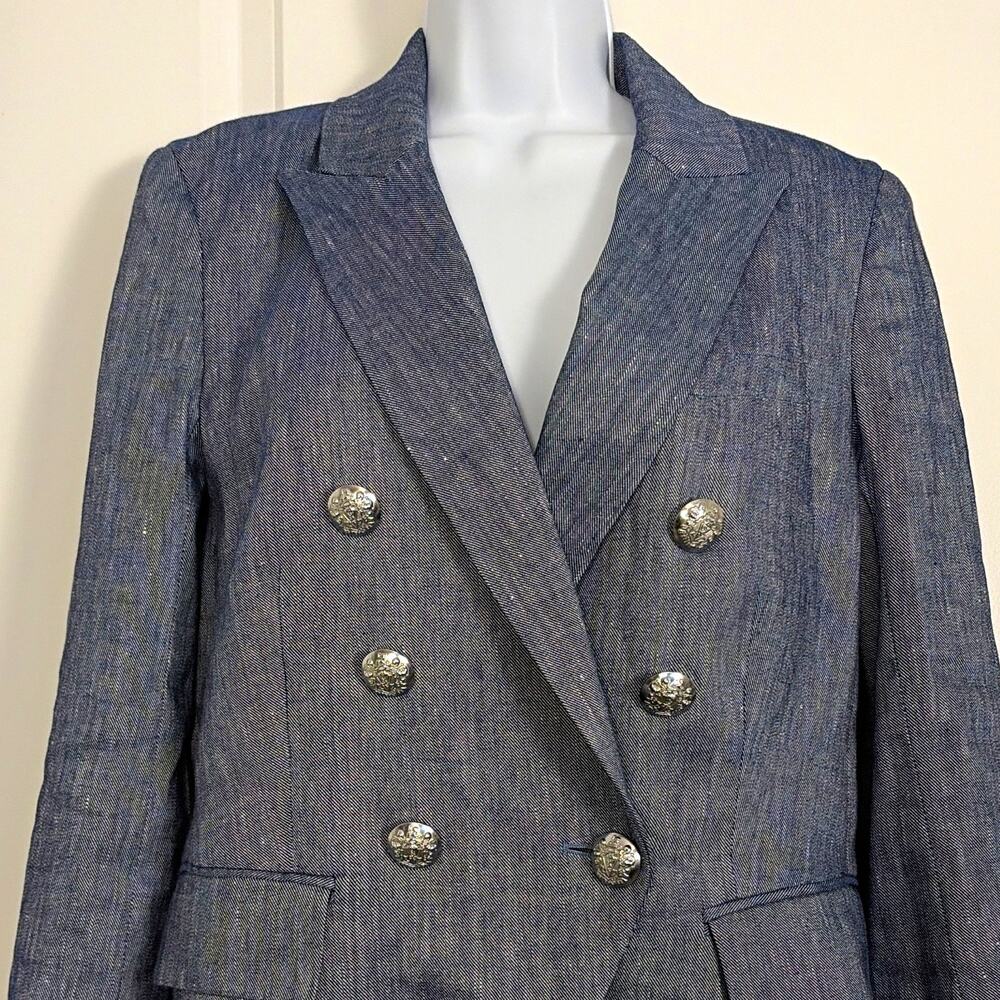 Veronica Beard Blue Double-Breasted Linen Blend Cooke Blazer 6 Tailored Luxury